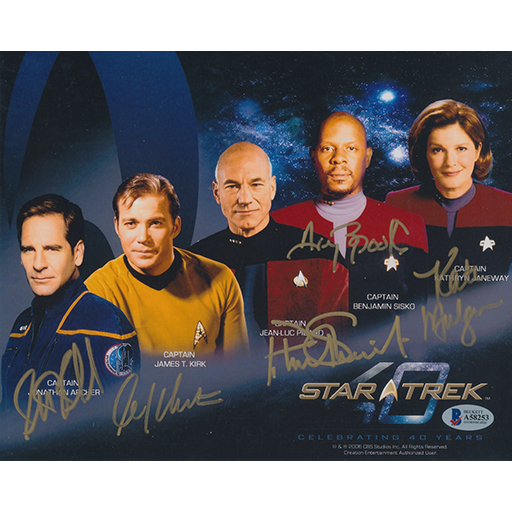 STAR TREK CAPTAINS Signed 40TH ANNIVERSARY Photo 8x10 BECKETT LOA